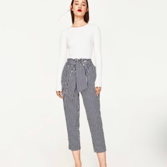 Zara Women’s Trouser pants Navy/White Stripes pockets Coastal Nautical XS - Picture 4 of 15